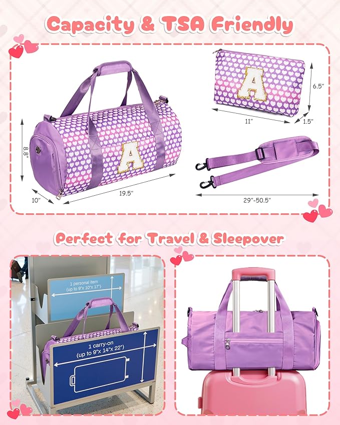 Vogewood Teen Girl Cheer Gift, Initial Glitter Weekend Travel Bag for Kid