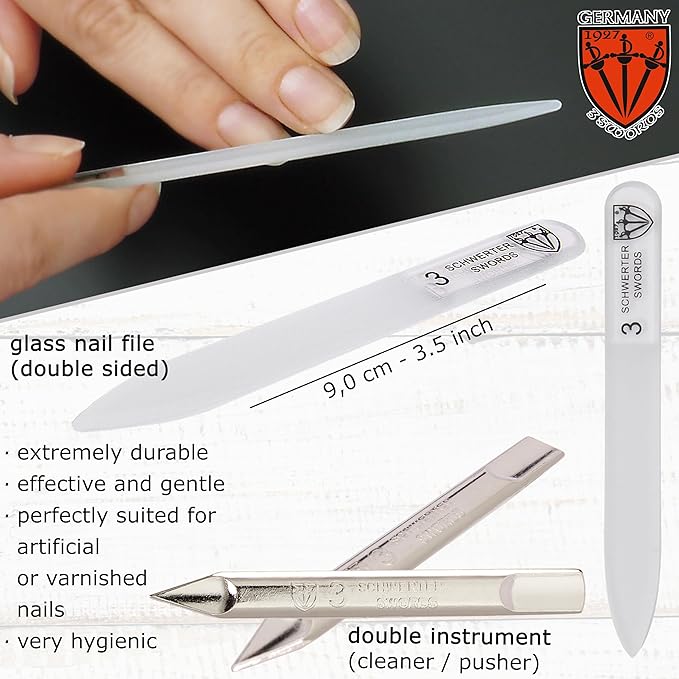 3 Swords Germany - Brand Quality 6 Piece Manicure Pedicure Grooming kit Set - Scissors, Metal and Glass Nail File, Clipper, Tweezers with Synthetic Leather case - Black