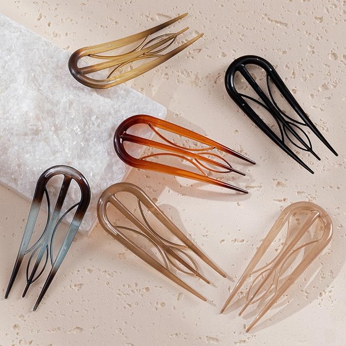 Sunolga 6PCS French Hair Pins for Women, French Pins Hair, 3.94" Large Hair Styling Pins for Thin Thick Hair, Unique 6 Internal Forks Teeth Hair Sticks Hairpin Amber