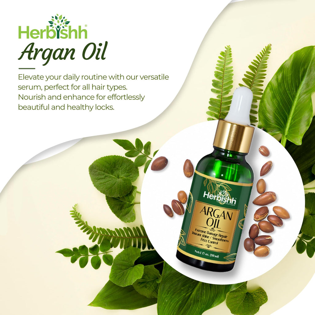 Herbishh Argan Moroccan Oil for Hair (30 ml Each) Serum & Hair Growth Oil Set, Frizz Control Anti Frizz Treatment, Split End Repair, Heat Protectant Leave In Serum Pack of 3, Lightweight Non-Greasy