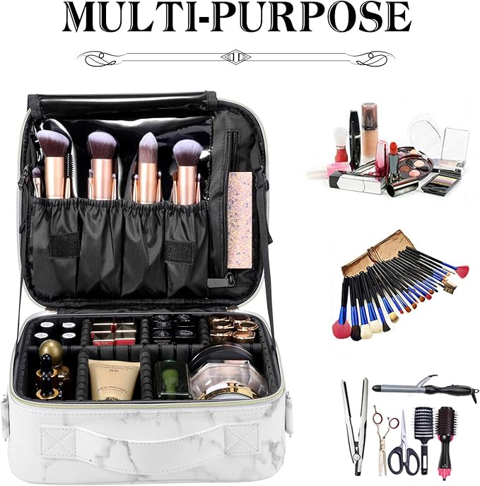 Oewoer Travel Makeup Bag 10.4 Inches Portable Makeup Train Case Cosmetic Bag Organizer with Adjustable Dividers and Shoulder Strap for Cosmetics Brushes Toiletry Jewelry Digital Accessories (Marble)