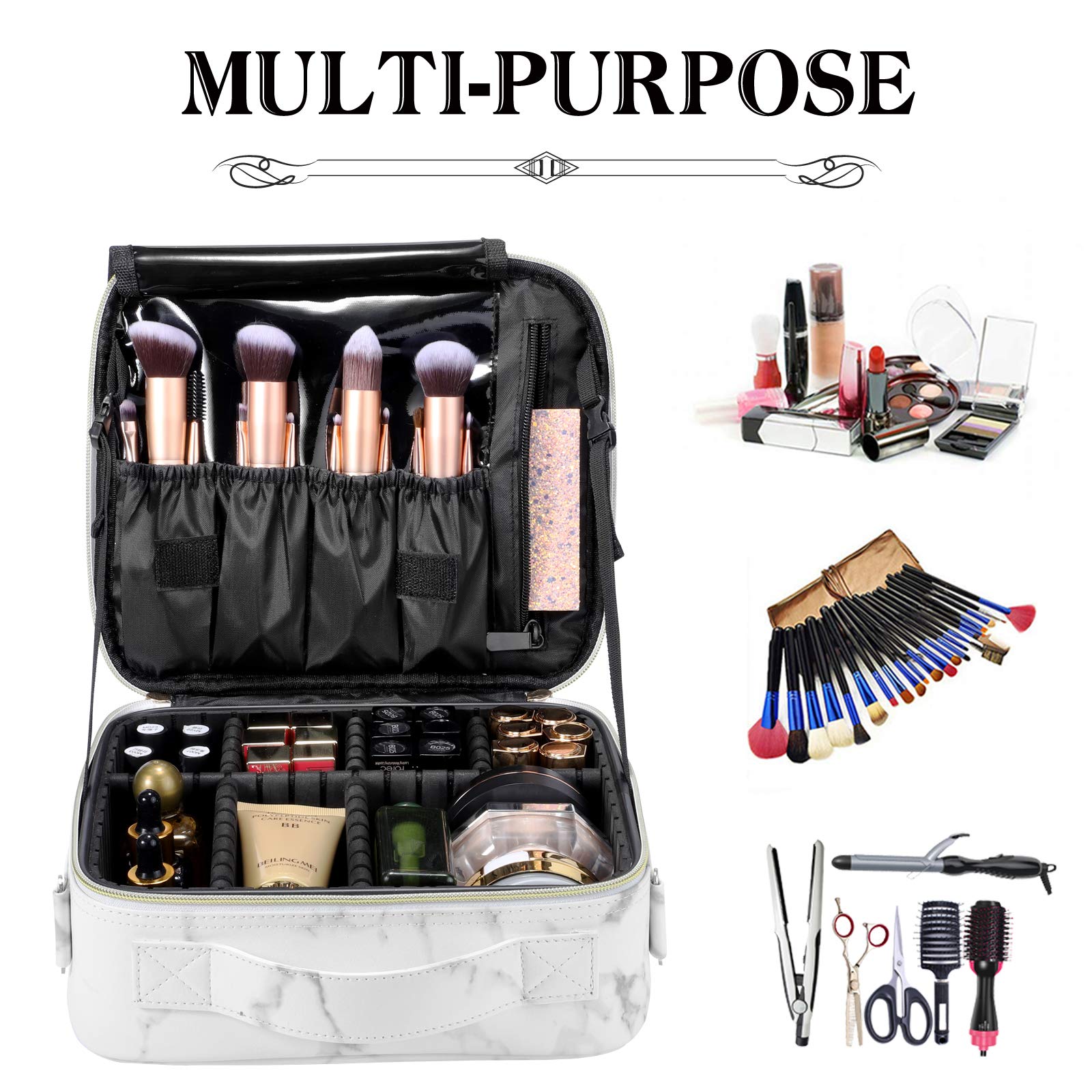 Oewoer Travel Makeup Bag 10.4 Inches Portable Makeup Train Case Cosmetic Bag Organizer with Adjustable Dividers and Shoulder Strap for Cosmetics Brushes Toiletry Jewelry Digital Accessories (Marble)