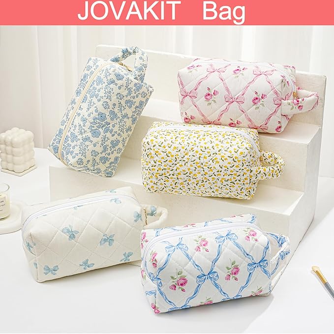 JOVAKIT Travel Makeup Bag Cosmetic Bag for Women, Christmas Gifts, Small Floral Flowers Coquette Toiletry Bag with Handle, Zipper Make Up Pouch Organizer Bag Trendy Stuff (Pink Bow Tie)