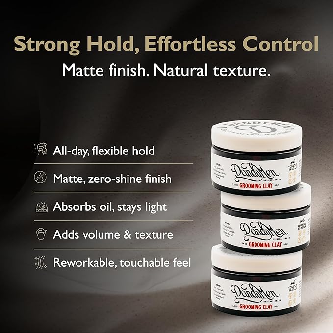 DandyMen Strong Hold Matte Hair Clay for Men – Natural Finish Styling Kaolin Clay – Firm Hold, No Shine – 3.4 oz, 1-Pack