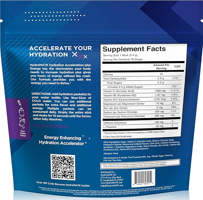 HydroMATE Electrolytes Powder Drink Mix Packets Hydration Accelerator Low Sugar Rapid Party Relief Recovery Vitamin C Plus Grape Pack 30 Count