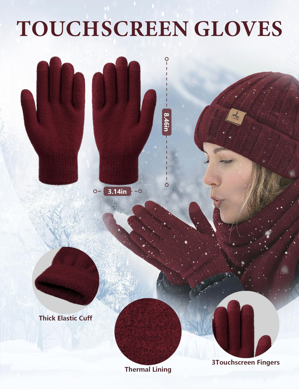 LOROME Winter Beanie Hat Gloves Scarf, Cashmere Hat Gloves Scarf Set Women