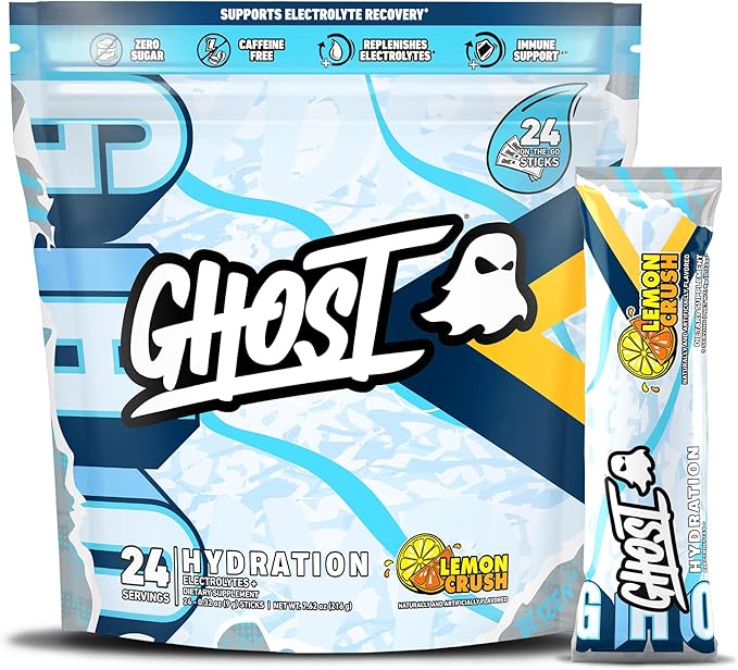 GHOST Hydration Sticks, 24 Electrolyte Powder Packets, Lemon Crush