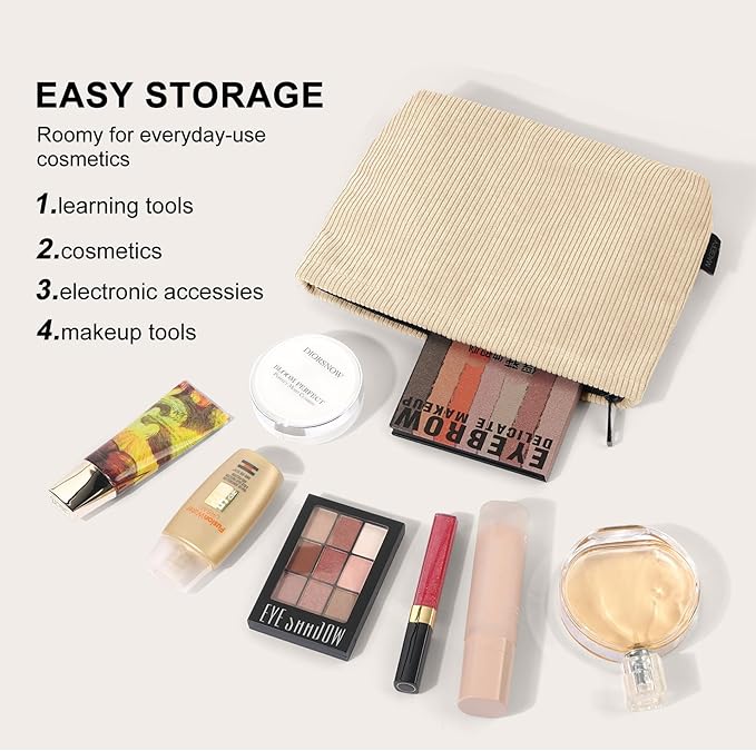 MAGEFY Small Makeup Bag 2 Pcs Corduroy Makeup Bag for Purse Zipper Make up Bag Travel Cosmetic Bag for Women Makeup Pouch for Travelling Preppy Stuff - Beige