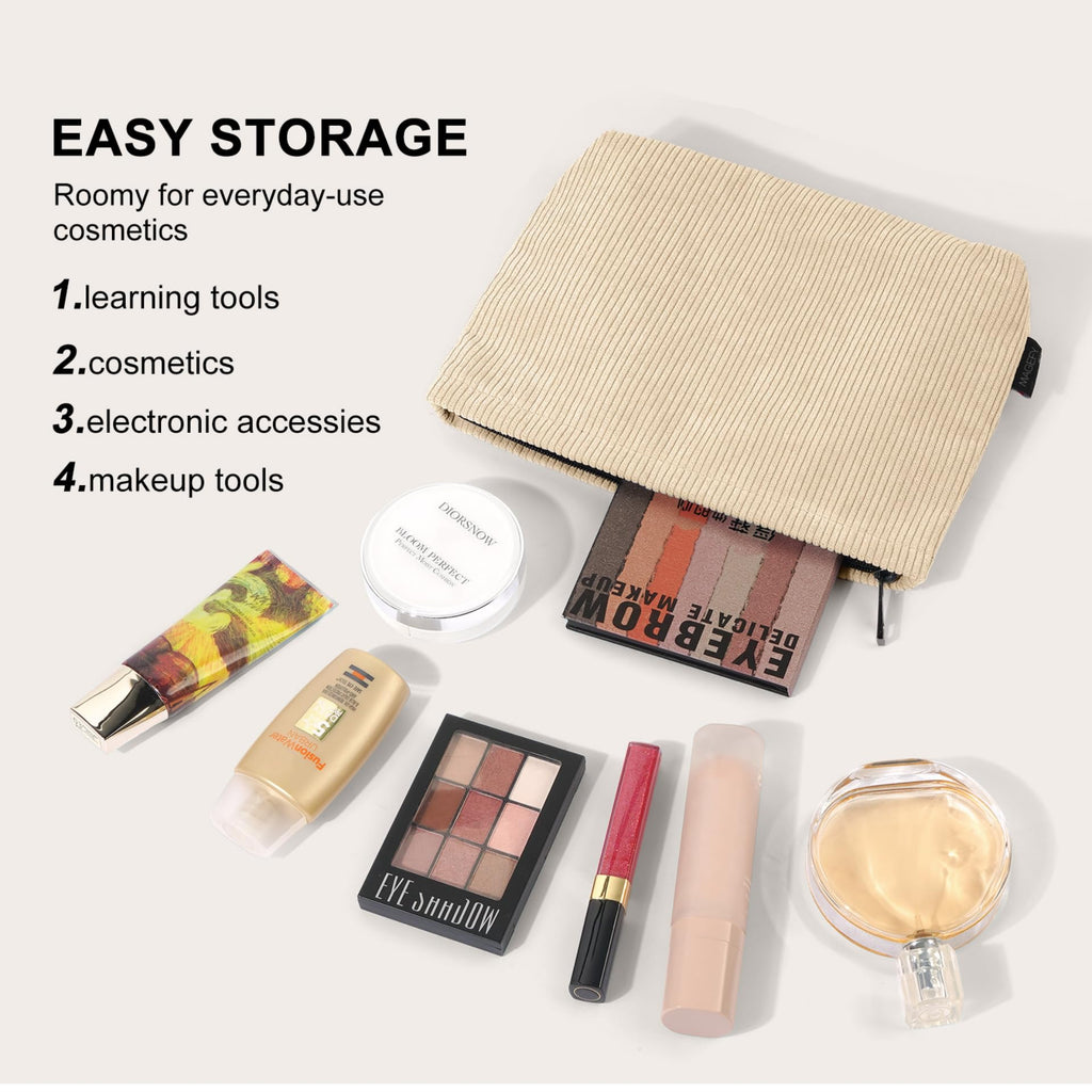 MAGEFY Small Makeup Bag 2 Pcs Corduroy Makeup Bag for Purse Zipper Make up Bag Travel Cosmetic Bag for Women Makeup Pouch for Travelling Preppy Stuff - Beige