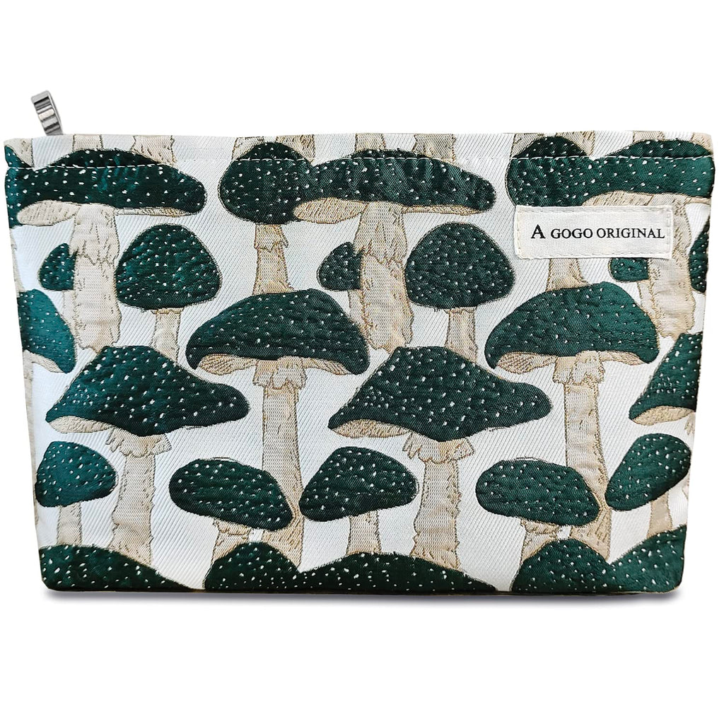 STARDW Cute Makeup Bag Aesthetic Cosmetic Bags for Women Girls, Travel Toiletry Bag Large Capacity Zipper Makeup Pouch, Purse Organizer Pouches,Canvas Lining (Green Mushroom)