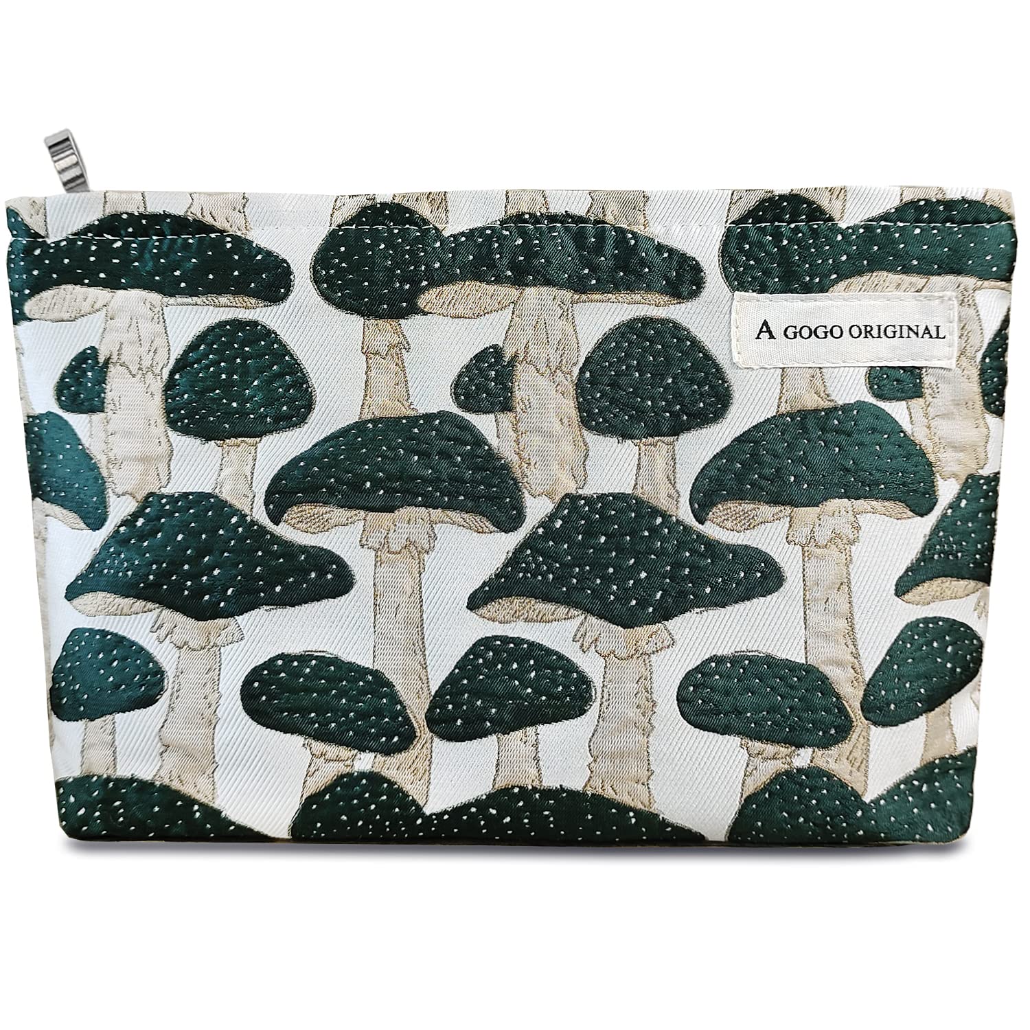 STARDW Cute Makeup Bag Aesthetic Cosmetic Bags for Women Girls, Travel Toiletry Bag Large Capacity Zipper Makeup Pouch, Purse Organizer Pouches,Canvas Lining (Green Mushroom)