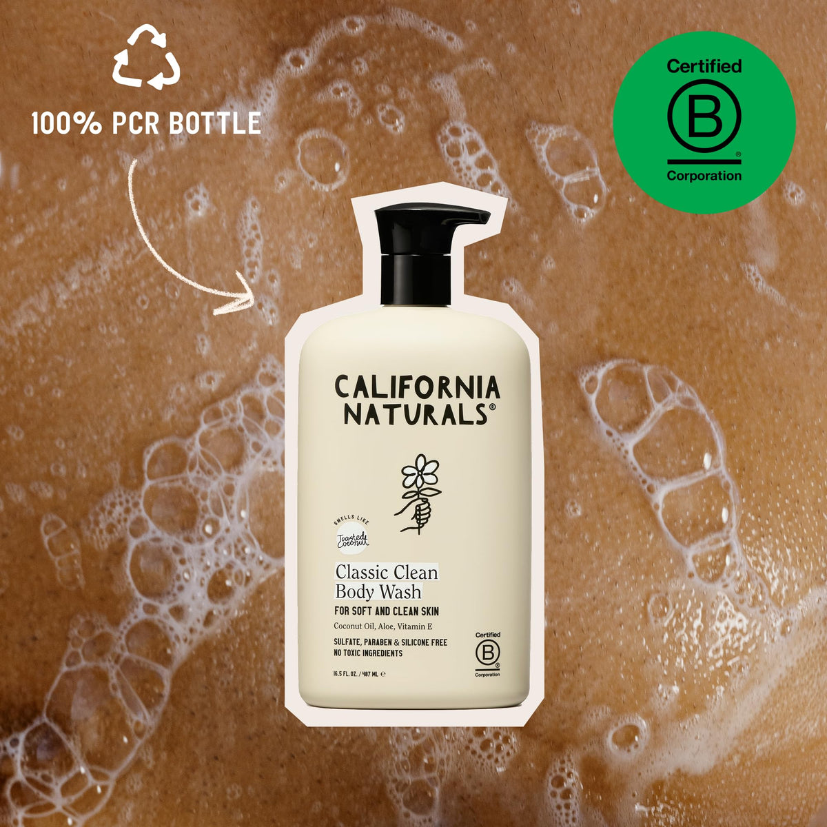 California Naturals Body Wash for Women and Men, Vitamin E Shower Gel Cleanser, Natural, Vegan & Cruelty Free, Paraben & Sulfate Free, Moisturizing Skin, Coconut, All Skin Types, 16.5 fl oz