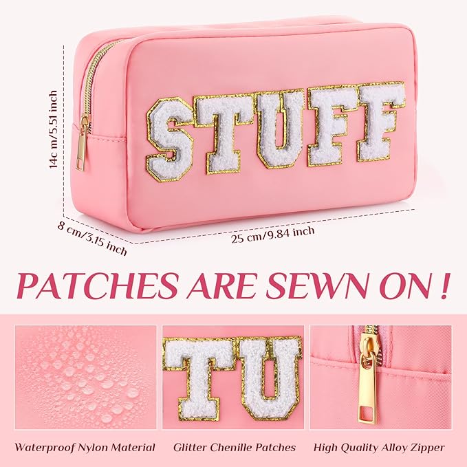Remerry 4 Pcs Nylon Makeup Bags Waterproof Spacious Travel Cosmetic Bag for Women Chenille Letter Preppy Zipper Pouch Face Stuff Skin Hair Organizer Gift(Pink)