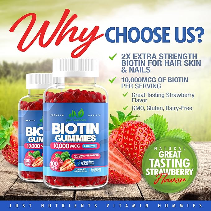 Biotin 10,000mcg Gummies for Hair Growth, Skin & Nails (100 Count)