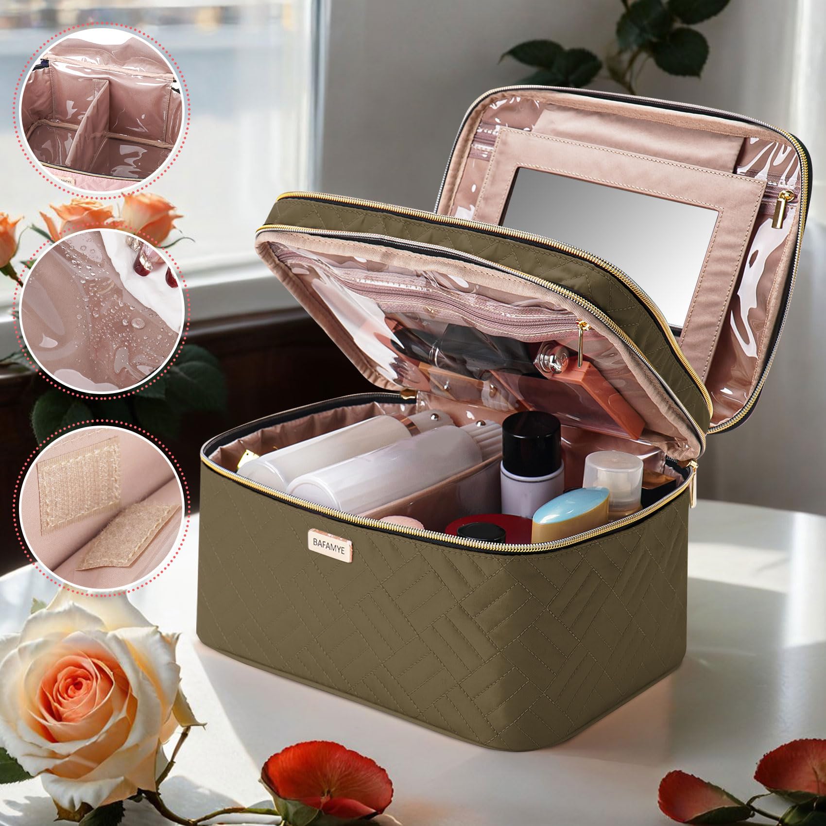 BAFAMYE 8.8L Double Layer Travel Makeup Bag With Mirror For Women, Large Cosmetic Case, Organizer for Travel-Size Accessories Bottles, Brushes,and Skin Care Products, 2.33 GAL, Brown…