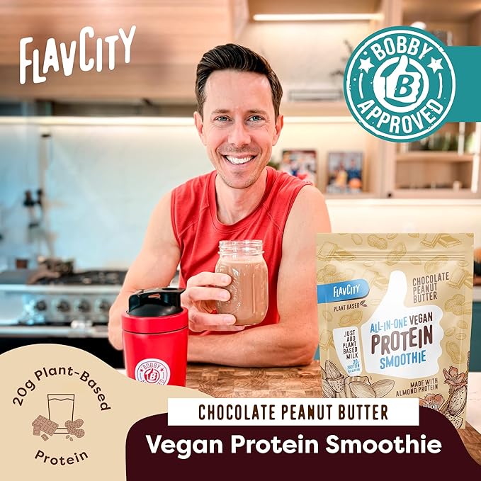 FlavCity Vegan Almond Protein Shake Powder, Chocolate Peanut Butter + Reishi & Cordyceps Mushrooms - Focus, Skin, Hair & Joint Support - All in One Smoothie for On-the Go, 20 Servings