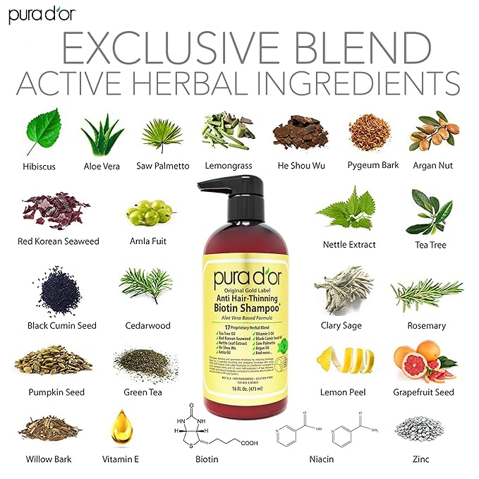 PURA D'OR Anti-Thinning Biotin Shampoo & Hair Regrowth Conditioner, CLINICALLY TESTED Effective Results, Thickening Herbal Blend For Women & Men, Original Gold Label Set, Natural Earthy Scent, 16oz x2