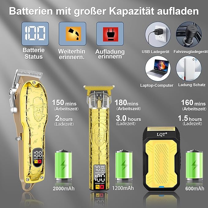 LQT Professional Hair Clipper Set for Men Electric Shaver Razor Cordless Hair Cutting Barber Clippers Beard Trimmer Men’s Grooming Kit Gifts for him (Gold)