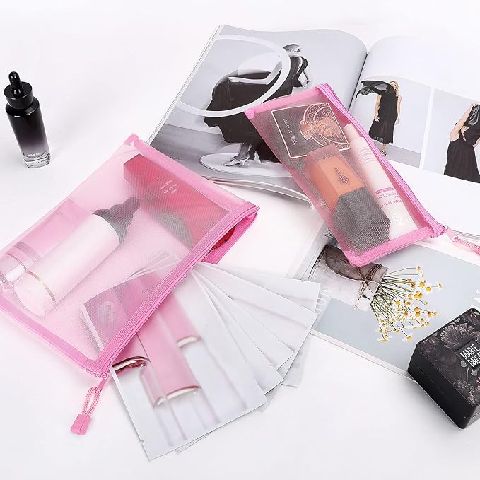 Sinzip 12 Pieces Zipper Nylon Mesh Pouch, Mesh Cosmetic Bags Makeup Bags Pencil Case, Multipurpose Travel Bags for Cosmetic School Office Supplies and Travel Accessories (Pink, A5)