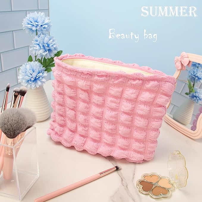 Flat Makeup Bag for Women,Zipper Cosmetic Pouch for Purse,Bubble Candy Pink