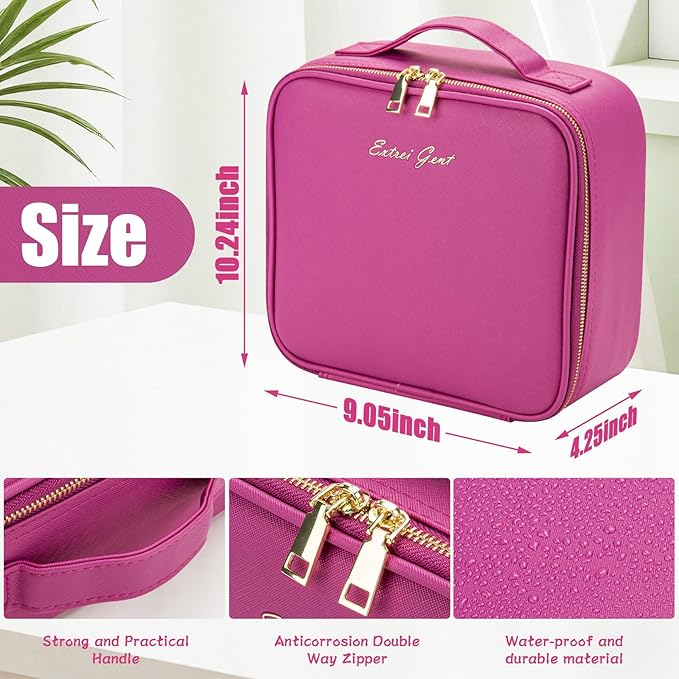 Extrei Gent Makeup Travel Train Case with Mirror LED Light 3 Adjustable Brightness Cosmetic Bag Portable Storage Adjustable Partition Waterproof Makeup Brushes Makeup Jewelry Gift for Women, Violet