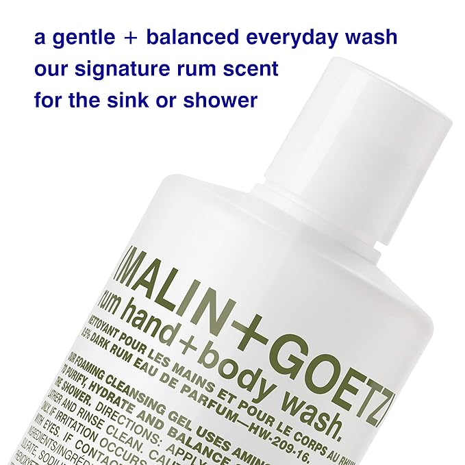 MALIN+GOETZ Hand + Body Wash | Gentle Foaming Cleanser with Botanical Extracts and Amino Acids | Hydrating, pH-Balanced, Unisex Scent | Vegan & Cruelty-Free (Rum, 16 Fl Oz)