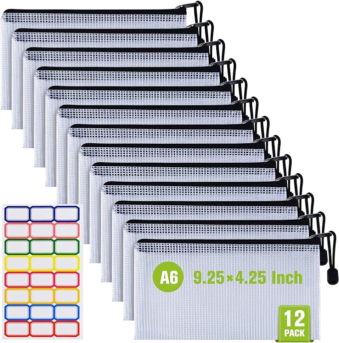12PCS Mesh Zipper Pouch Bags: A6 Clear Zipper Pouches for Classroom, Black
