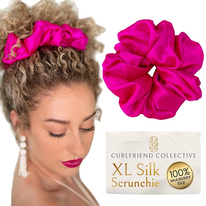 Curlfriend Oversized Mulberry Silk Scrunchies for Women, XL, Hot Pink Peony