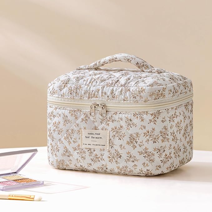 HBselect Quilted Makeup Bag, 3Pcs Cotton Large Travel Makeup Bags Organizer