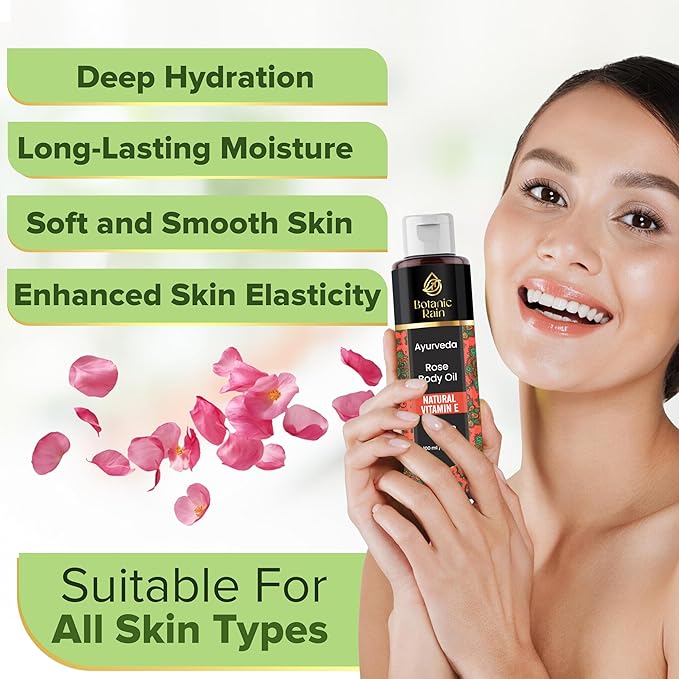 Rose Ayurveda Body Oil After Shower for Dry & Crepey Skin – Non Greasy Lightweight Moisturizer with Vitamin E, 3.38 Fl Oz – Botanic Rain