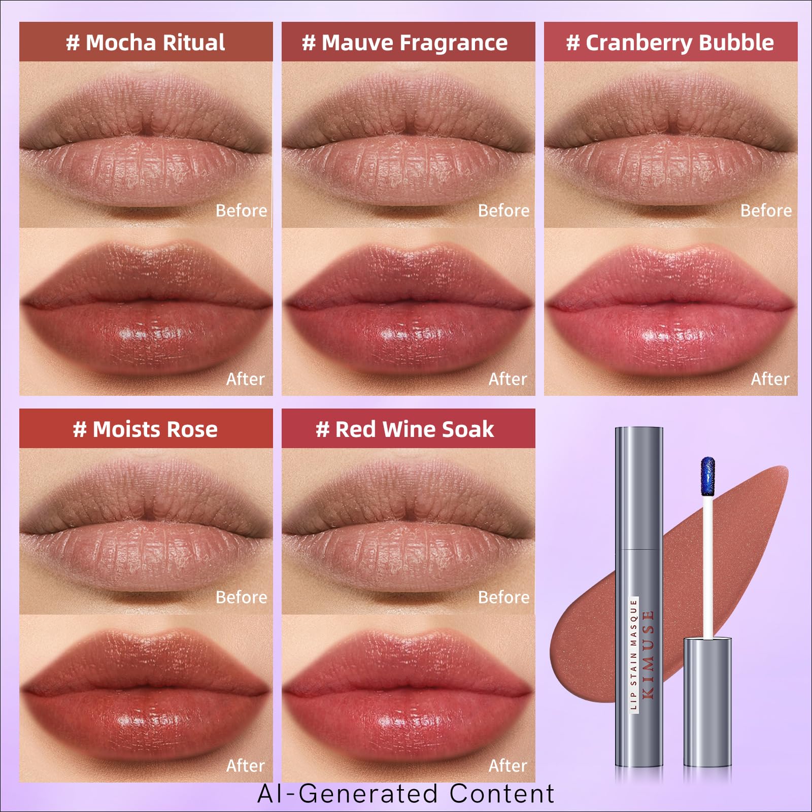 KIMUSE 5 Colors Lip Stain Masque - Long-Lasting Waterproof Lip Tint, Smudge-Proof Matte Lip Stains for All-Day Wear, Transfer-Resistant Lip Makeup