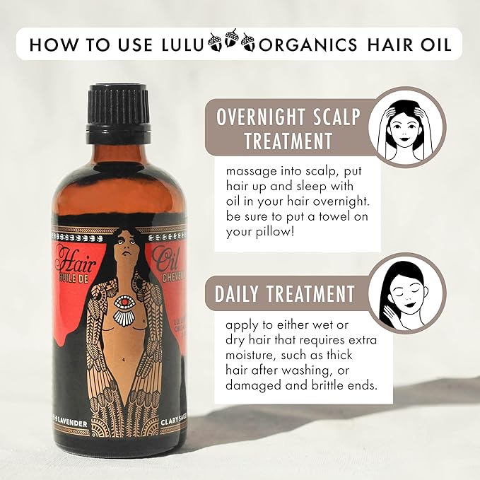 Lulu Organics Argan Oil for Hair, Nourishing, Strengthening - Curly Dry Frizzy Damaged Hair, Adds Shine and Moisturizes, Scented Organic Oil, Lavender & Clary Sage - 3.4 oz