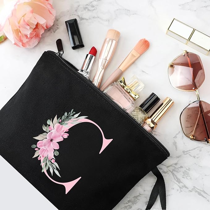 Vavabox A-Z Personalized Makeup Bag, Birthday Gifts for Women Mom, Gifts for Best Friend, Bride Bridesmaid Cosmetic bag (C, 02-Black)