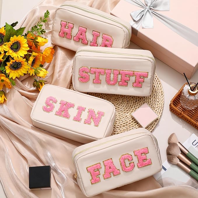 Remerry 4 Pcs Nylon Makeup Bags Waterproof Spacious Travel Cosmetic Bag for Women Chenille Letter Preppy Zipper Pouch Face Stuff Skin Hair Organizer Gift(Gentle White)