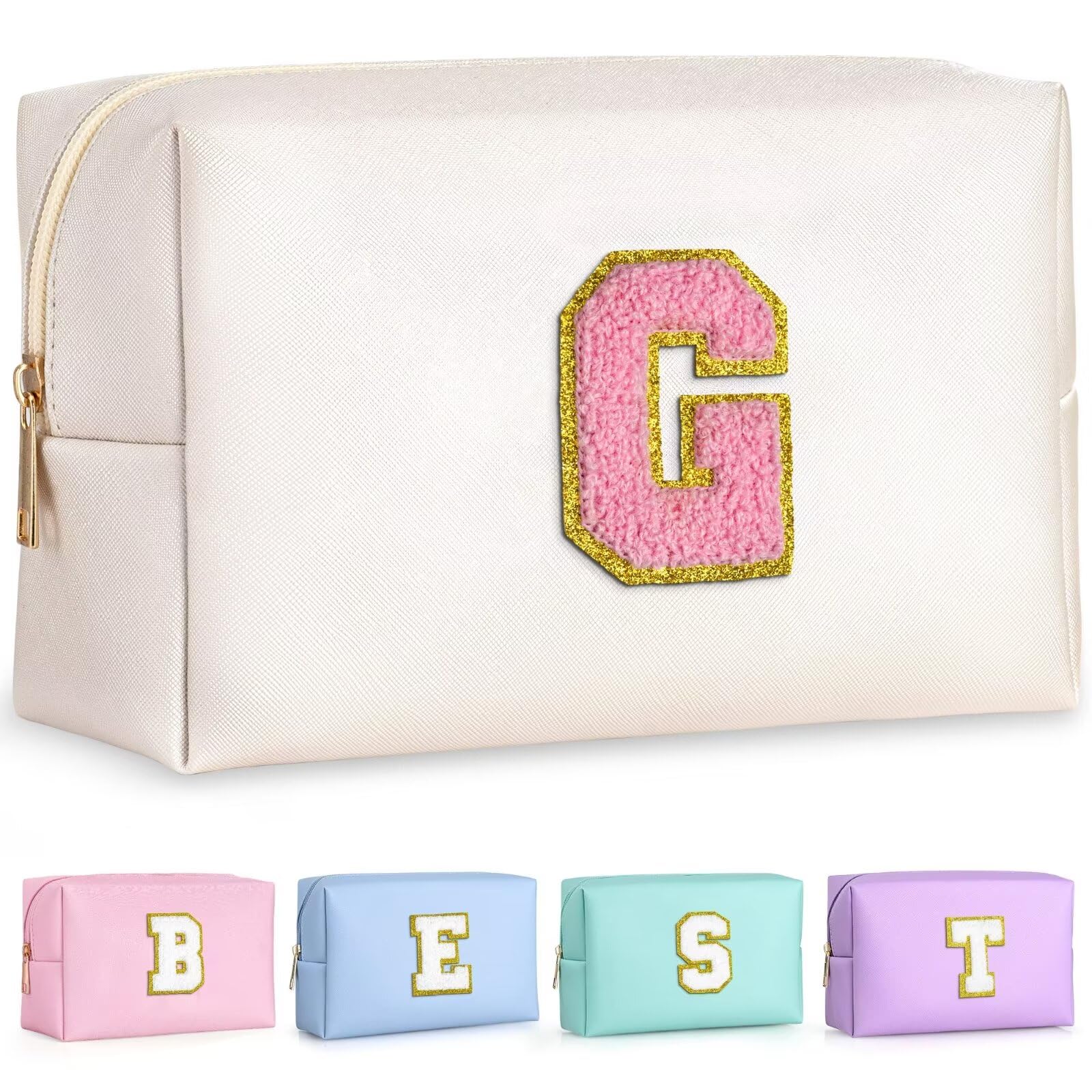 TOPEAST Travel Makeup Bag, Personalized Initial Toiletry Bag w Zipper, Cute Makeup Pouch, PU Leather Waterproof Cosmetic Bag, Birthday Gift for Daughter, Preppy Things for Girls (Pearly White G)