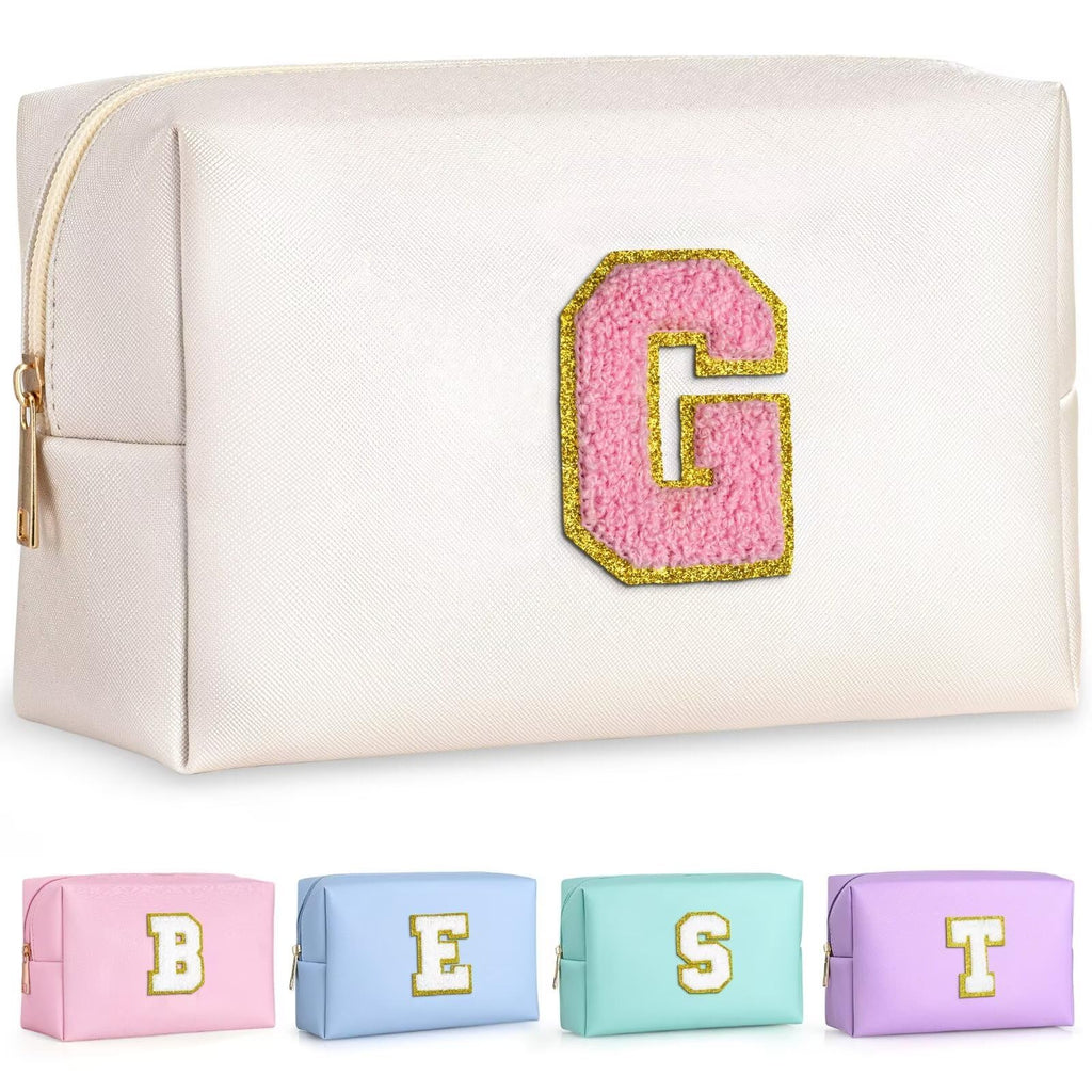 TOPEAST Travel Makeup Bag, Personalized Initial Toiletry Bag w Zipper, Cute Makeup Pouch, PU Leather Waterproof Cosmetic Bag, Birthday Gift for Daughter, Preppy Things for Girls (Pearly White G)