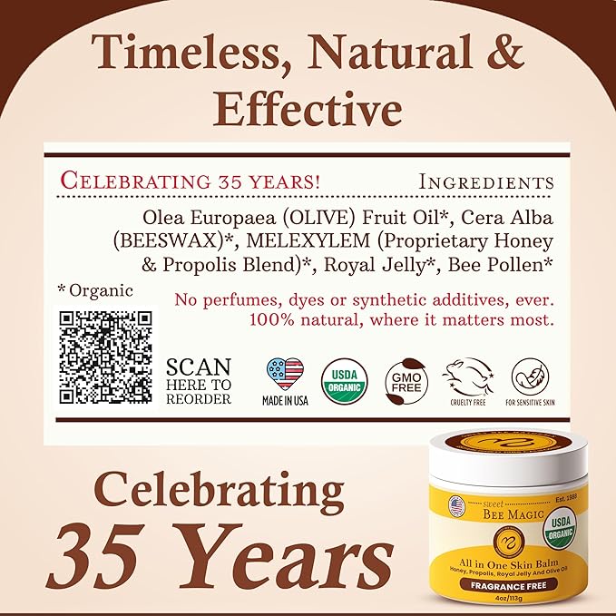 Sweet Bee Magic Organic Honey Bee Balm for Face, Skin & Body - All in One Honey Balm - Beeswax Body Moisturizer - All Natural Aid - 1 jar (2oz)