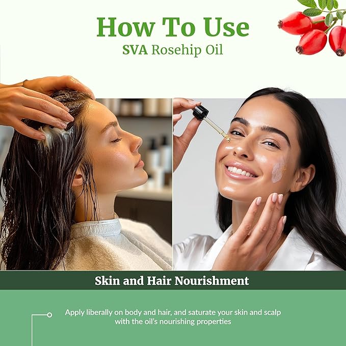 SVA Rosehip Seed Oil 4 Fl Oz - for Face, Skin Care, Hair Care, Scalp Massage & Body Massage – Carrier Oil with Dropper
