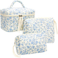3 Piece Quilted Makeup Bag Set for Women,Cosmetic&Toiletry Bag,Flower Blue