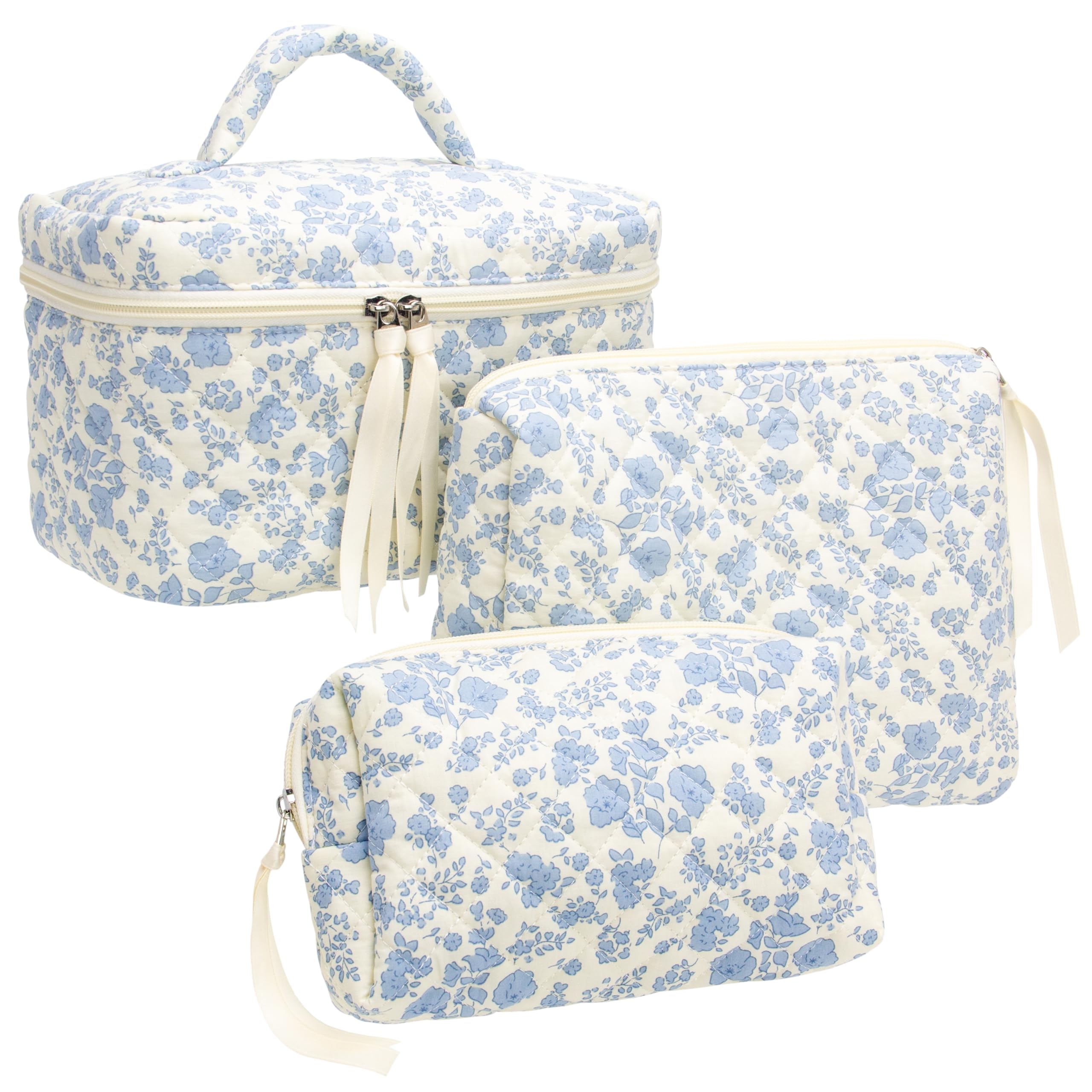 3 Piece Quilted Makeup Bag Set for Women,Cosmetic&Toiletry Bag,Flower Blue