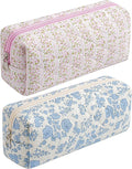 HHQQWZ Cute Floral Cotton Makeup Brush Cosmetic Bag for Women, Travel Quilted Zipper Make Up Bag, Flowers Toiletry Organizer Case Kawaii Makeup Cosmetic Travel Cloth Pouch (Pink+Blue Floral)