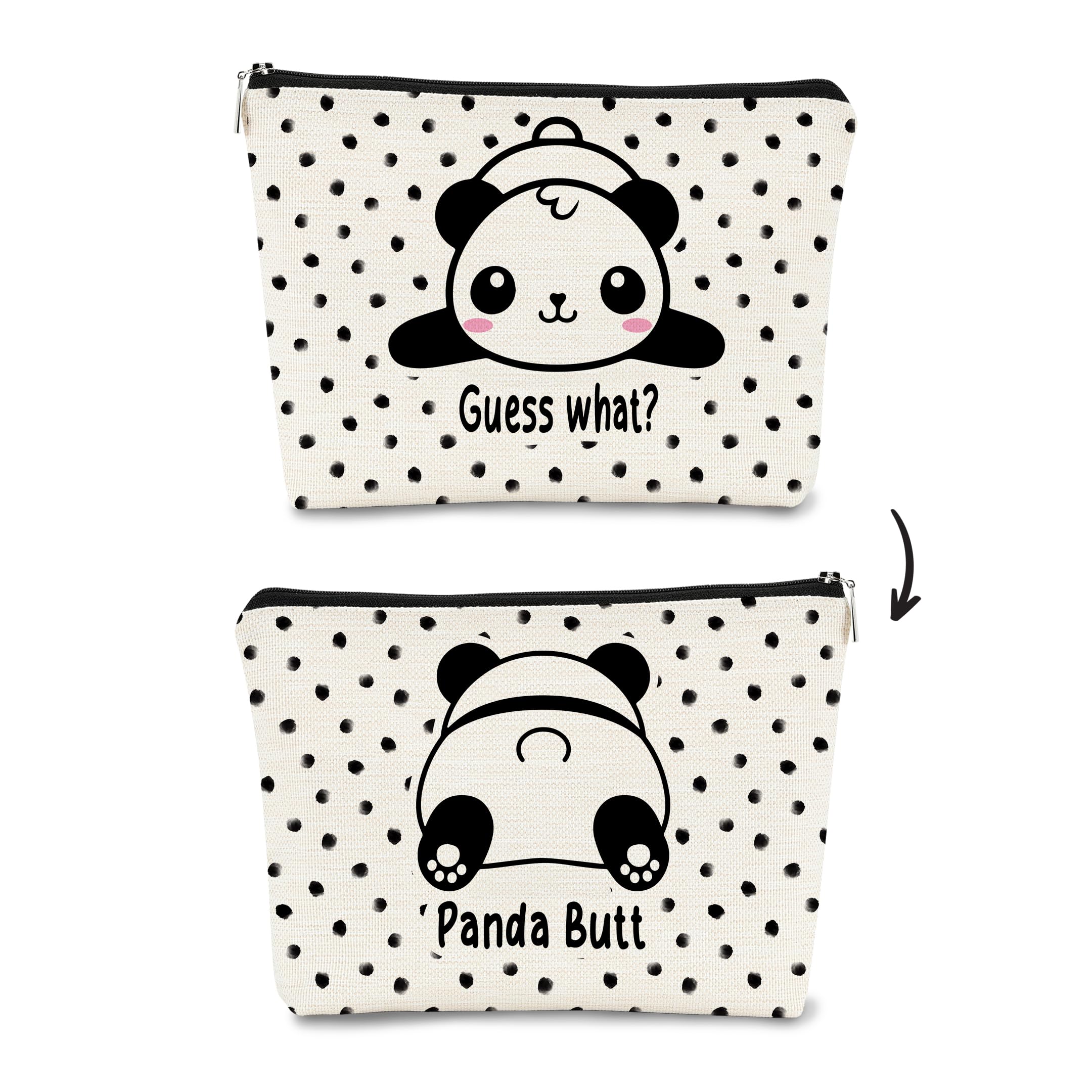 BARPERY Panda Gifts Makeup Bag for Women Girls - Cute Baby Panda 'Guess What It's Pug Butt' Cosmetic Case for Teens Daughter - Accessories (Black and White Dots 1)