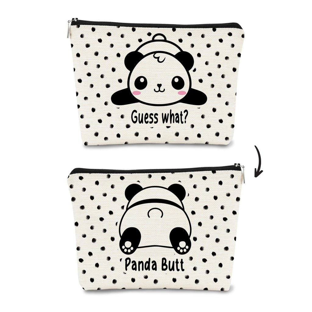 BARPERY Panda Gifts Makeup Bag for Women Girls - Cute Baby Panda 'Guess What It's Pug Butt' Cosmetic Case for Teens Daughter - Accessories (Black and White Dots 1)