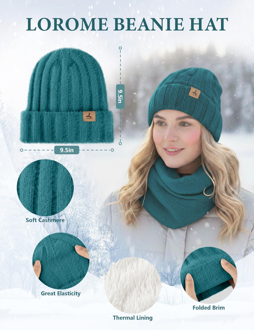 LOROME Winter Beanie Hat Gloves Scarf, Cashmere Hat Gloves Scarf Set Women
