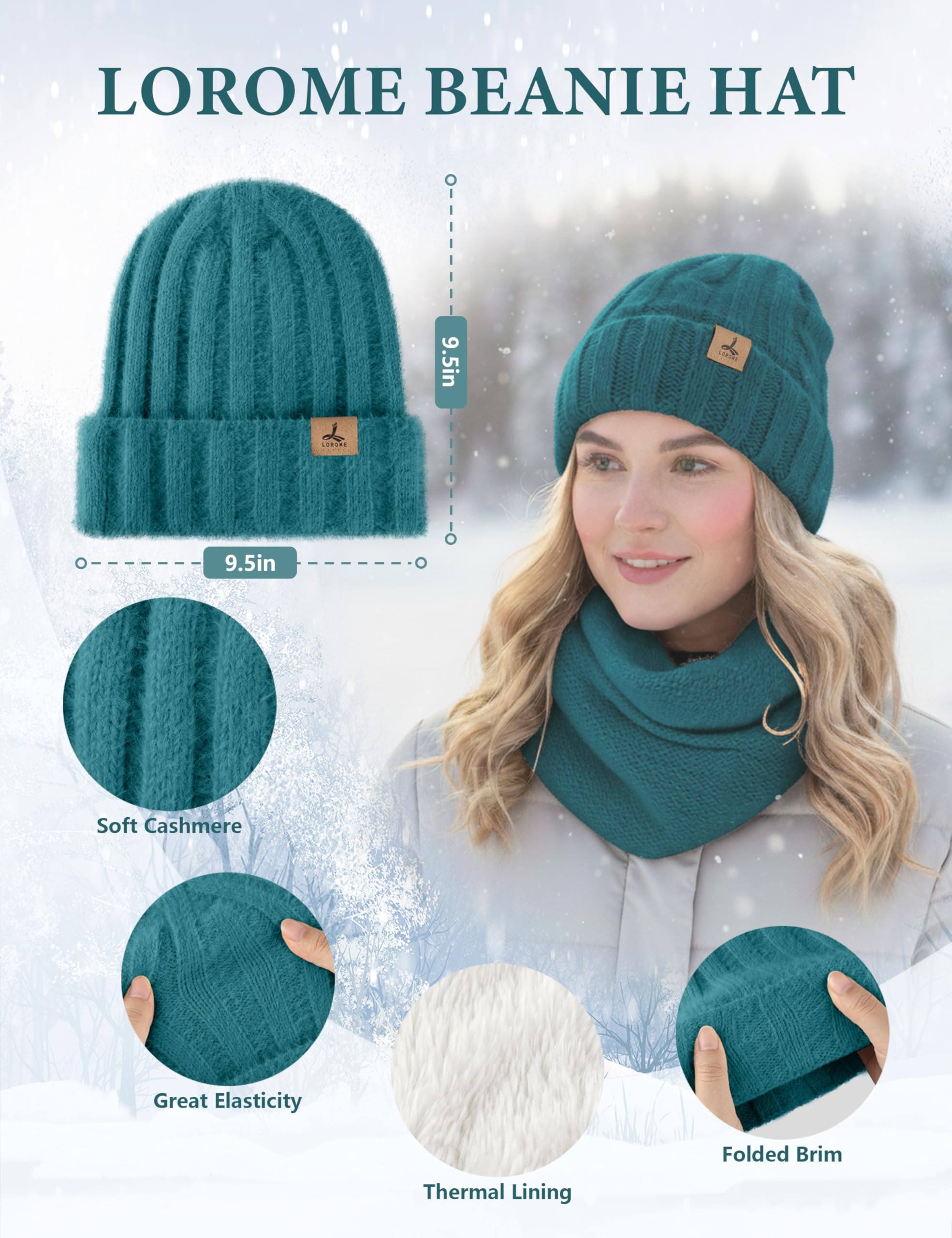 LOROME Winter Beanie Hat Gloves Scarf, Cashmere Hat Gloves Scarf Set Women