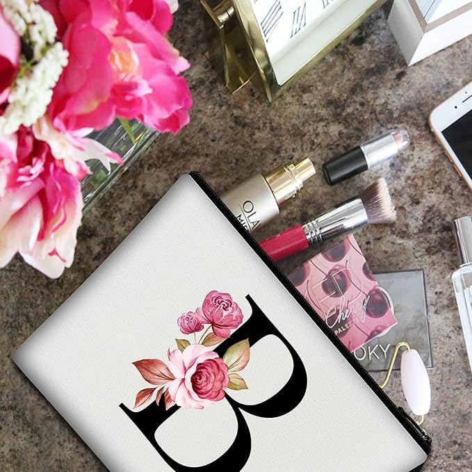 Vavabox A-Z Personalized Makeup Bag, Birthday Gifts for Women Mom, Gifts for Best Friend, Bride Bridesmaid Cosmetic bag (B, 01-White)