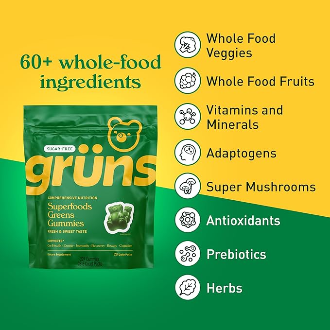 Gruns Adult Greens Gummies Sugar Free Multivitamin & Prebiotic Fiber, 28 ct