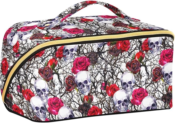 MNSRUU Makeup Organizer Bag, Skulls Rose Flowers Travel Makeup Bags Makeup Vanity Case Large Capacity Rhombus Cosmetic Toiletry Bag for Girl Women Ladies