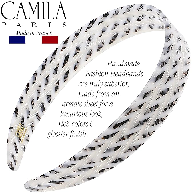 Camila Paris CP3465 French Headband for Women, Handmade White and Gray, Strong Hold Grip Women's Hair Band, Ligth and Very Flexible, No Slip Durable Styling Girls Hair Accessories, Made in France