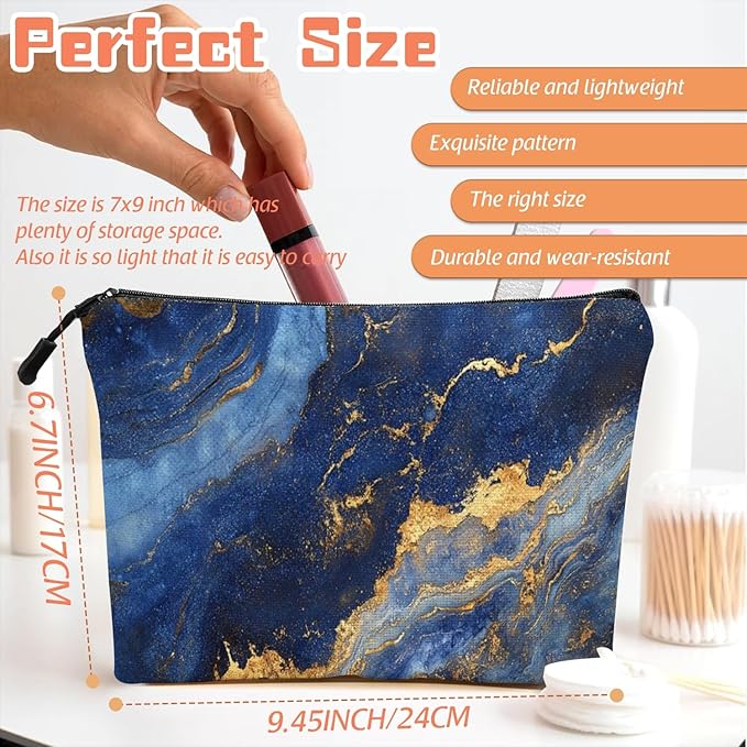 Scribesense Cosmetic Bags Travel Makeup Toilet Case Waterproof Pouch for Women Girls 6.7X9.45inches - Blue And Gold Marble